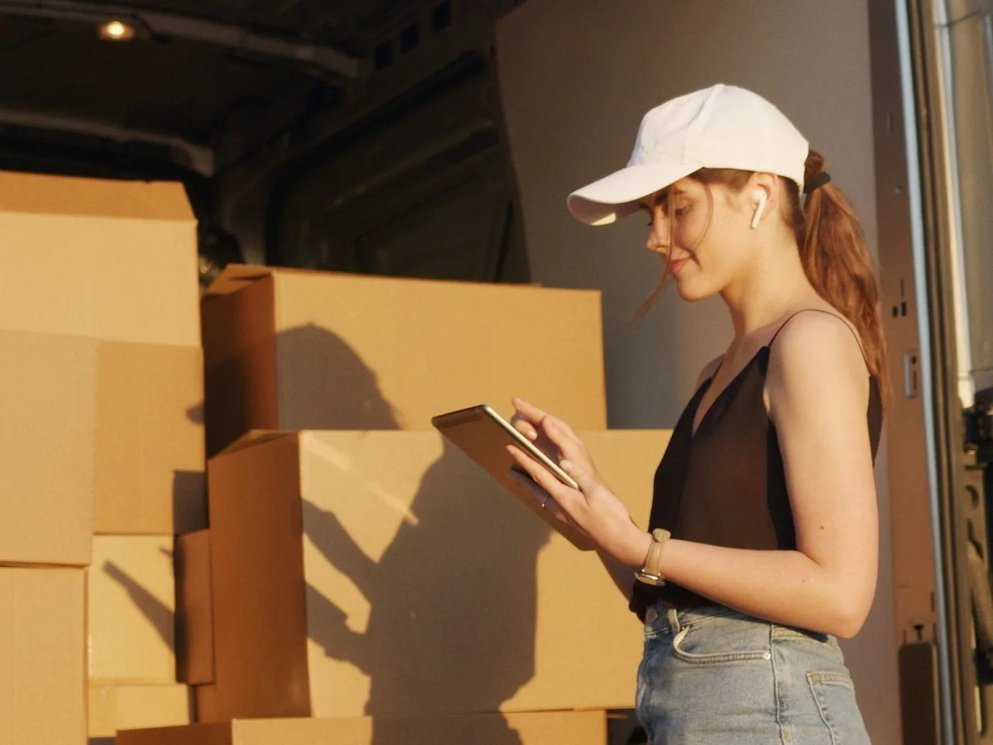 A worker recording the delivery on a tablet while loading the van, with no paper involved