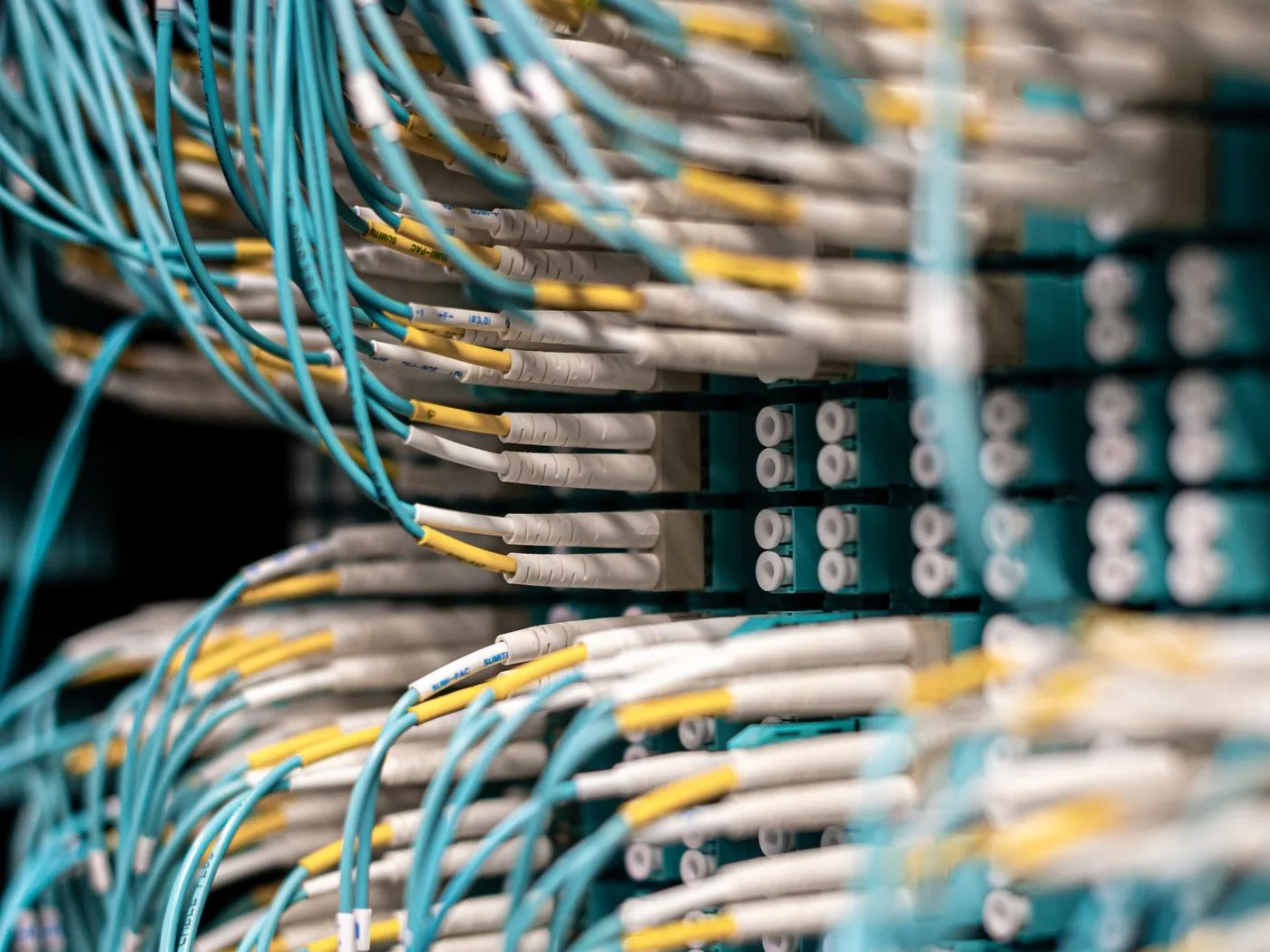 Network cables plugged into a server rack patch panel, tidy and labelled