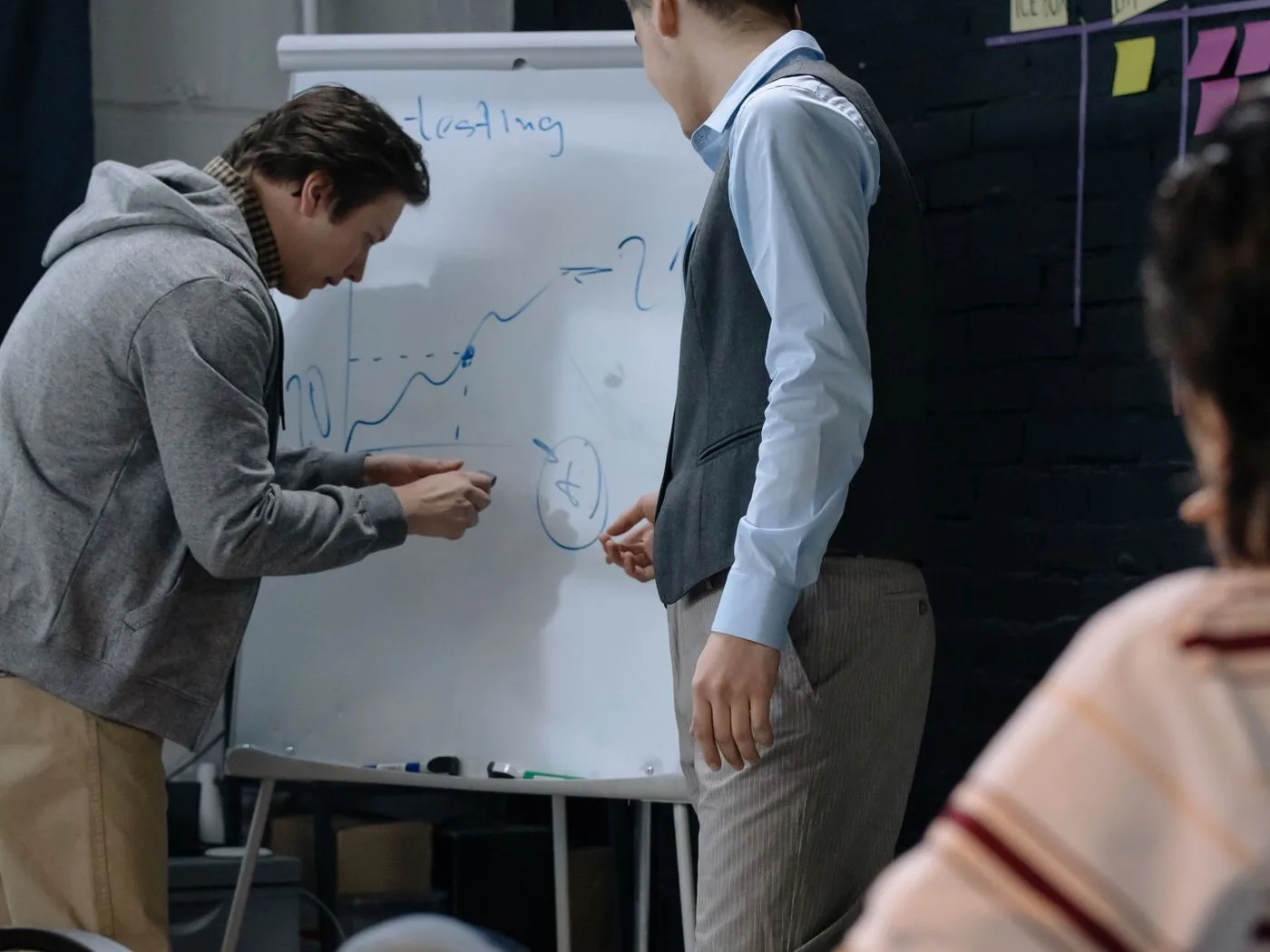Two people mapping the process on a whiteboard before building the custom software