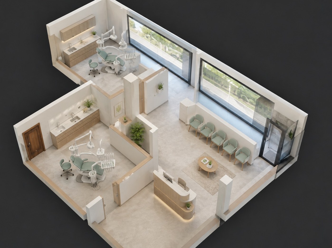 Plano 3D de ejemplo: el local distribuido como una clínica dental con dos gabinetes, recepción y sala de espera